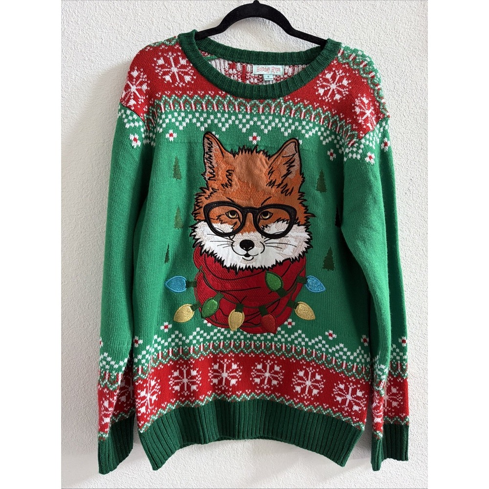 Holiday Hype Christmas Ugly Sweater Fox With Lights  Sz Small